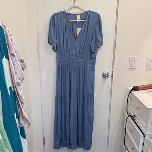 Joie Dusty Blue Short-Sleeve V-Neck Maxi Dress